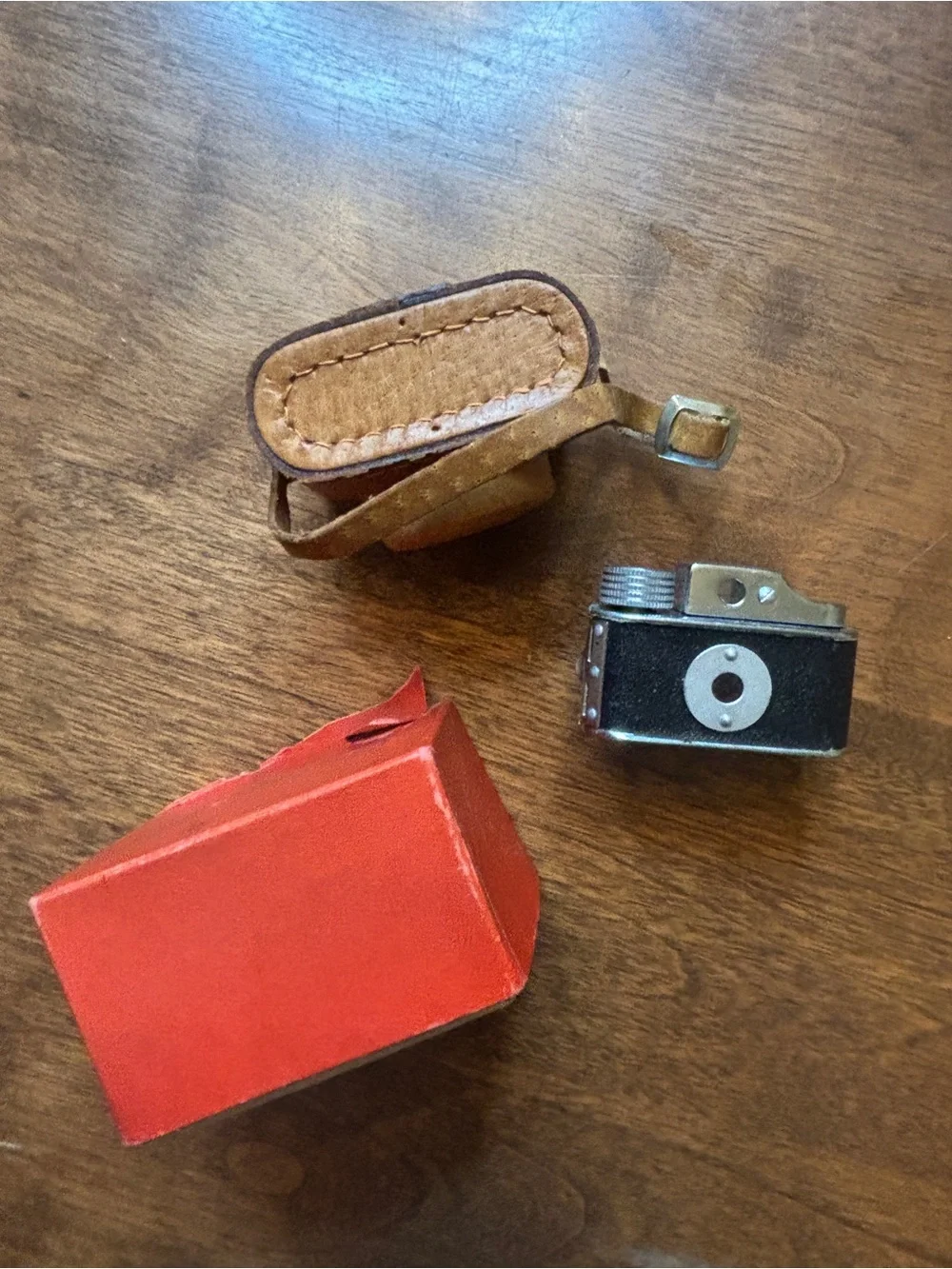 Vintage mini camera with leather case and original box